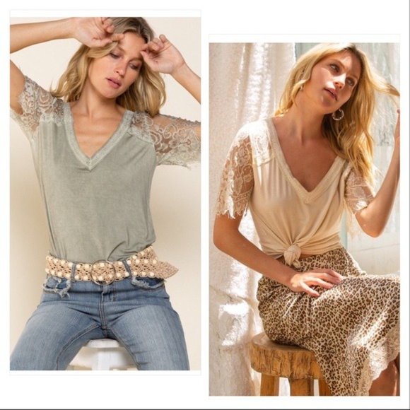 POL Lace V-Neck Tee w/ Eyelash hemmed Sleeves - Picture 5 of 14